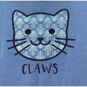 Cat Lover Hoodie Womens M Cute Cat Graphic Hamsa Hand of Miriam Blue Sweatshirt